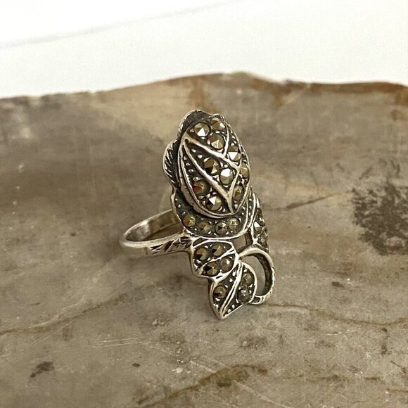 VTG Sterling Silver 925 Art Deco Style Marcasite Flower Rose Ring Sz 5.75 - Picture 7 of 16